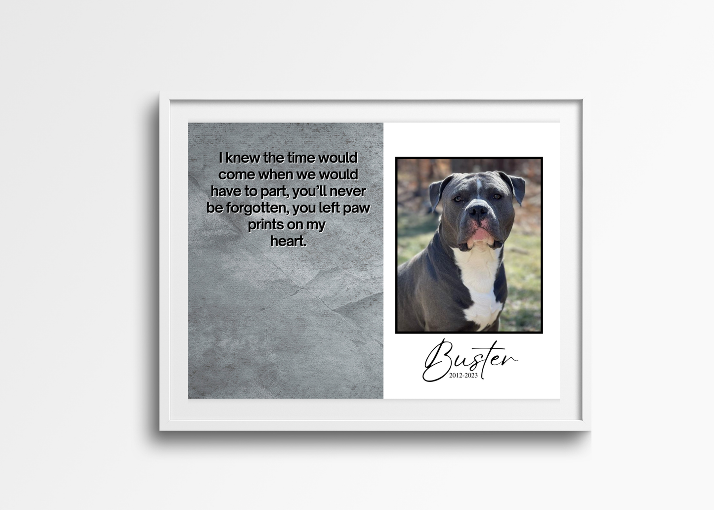 Personalized memorial photo frame with picture and tribute