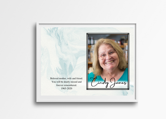 Personalized memorial photo frame with picture and tribute