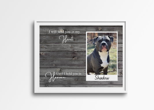 Personalized memorial photo frame with picture on a wood background 