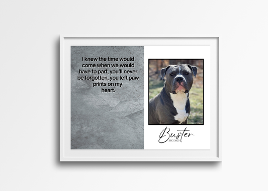 Personalized memorial photo frame with picture and tribute